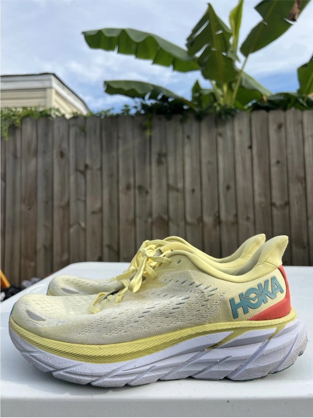 Women’s Hoka Clifton 8 Yellow Running Shoes with Coral and Teal size 11